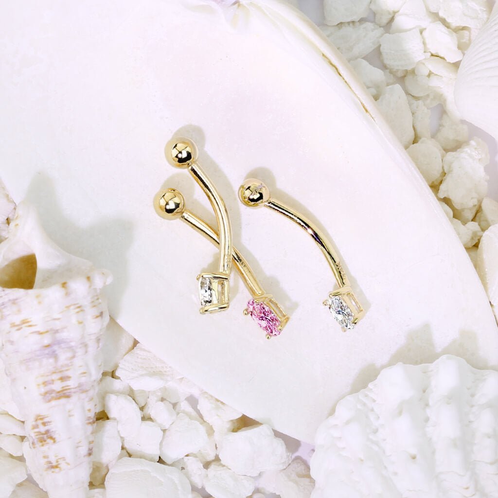 Solid Gold 14 Carat Eyebrow Piercing Oval Zirconia