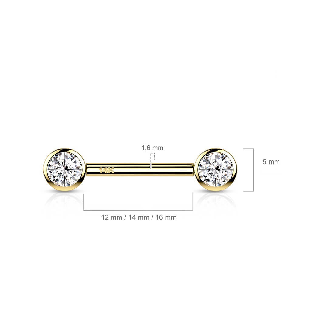 Solid Gold 14 Carat Nipple Piercing Round Zirconia Push-In