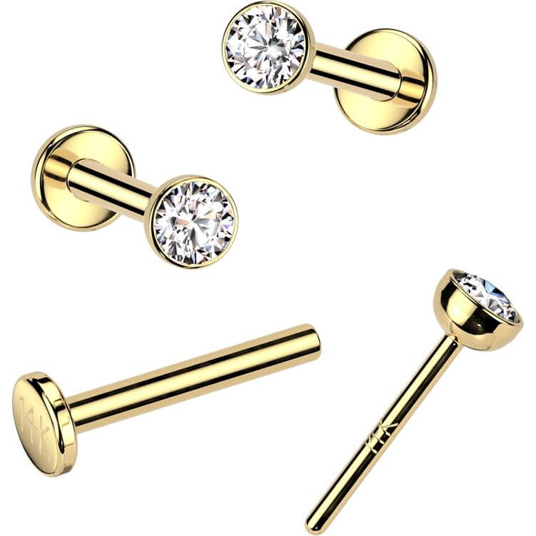 Solid Gold 14 Carat Labret zirconia bezel setting nose piercing Push-In