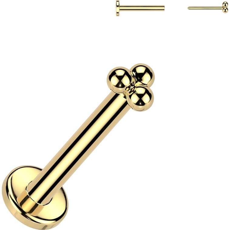 Solid Gold 14 Carat Labret 3 balls nose piercing Push-In