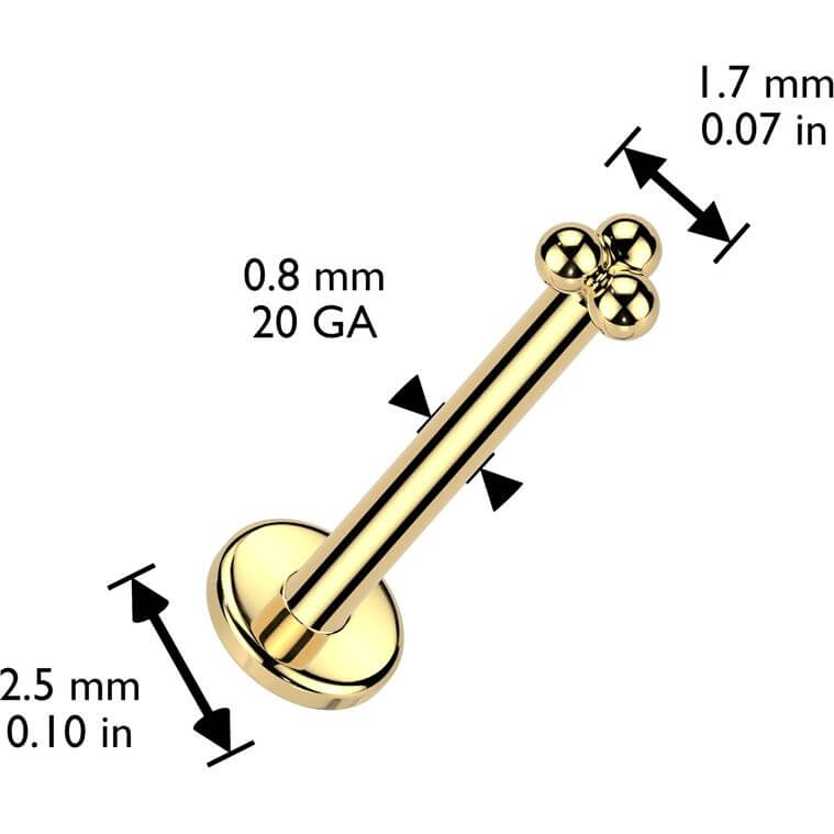 Solid Gold 14 Carat Labret 3 balls nose piercing Push-In
