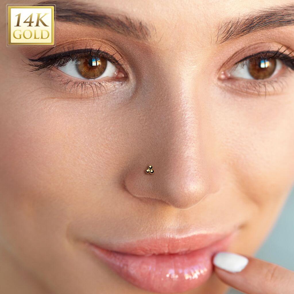 Solid Gold 14 Carat Labret 3 balls nose piercing Push-In