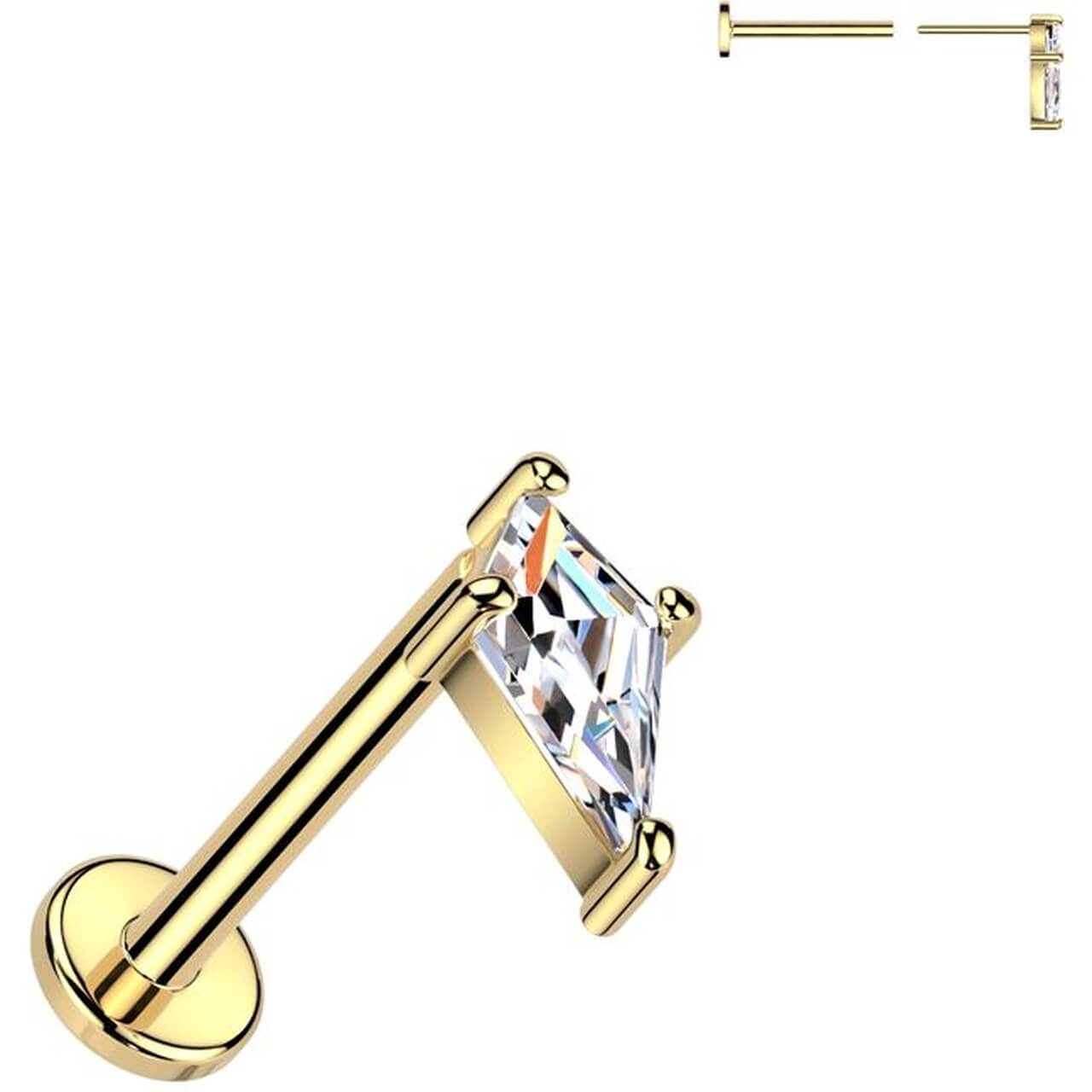 Solid Gold 14 Carat Labret spear head zirconia Push-In