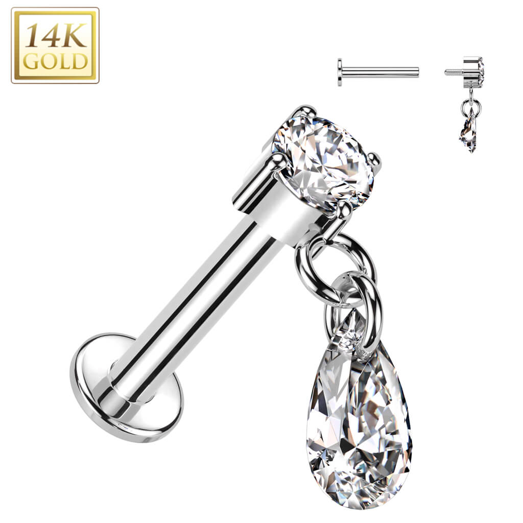 Oro 14 kt Labret Pendente Lacrima di Zircone Filettatura Interna