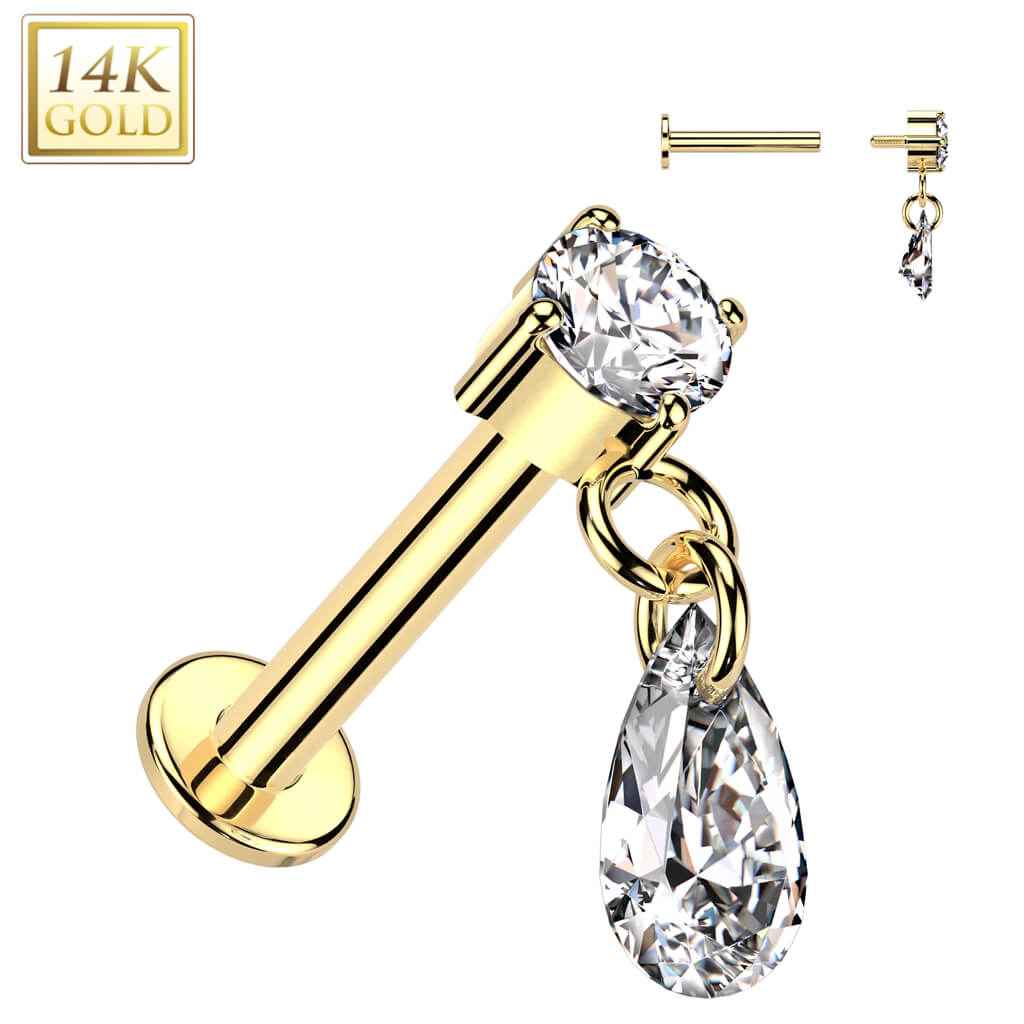 Oro 14 kt Labret Pendente Lacrima di Zircone Filettatura Interna