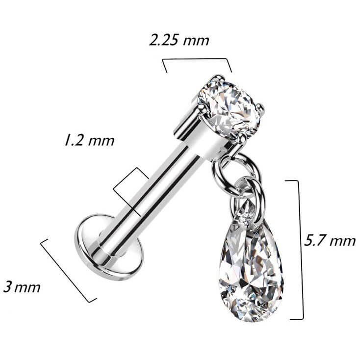 Oro 14 kt Labret Pendente Lacrima di Zircone Filettatura Interna
