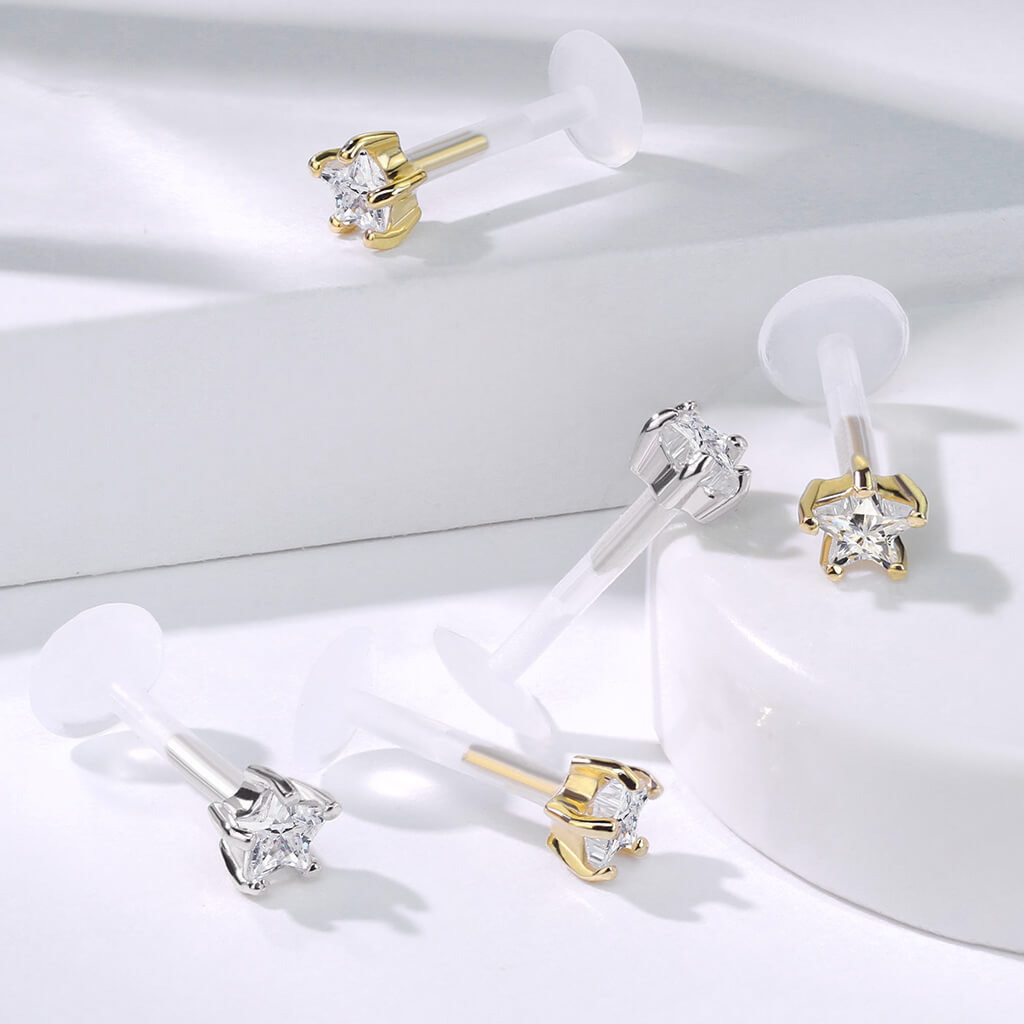 Oro 14 kt Labret Zircone a fiore Push-In