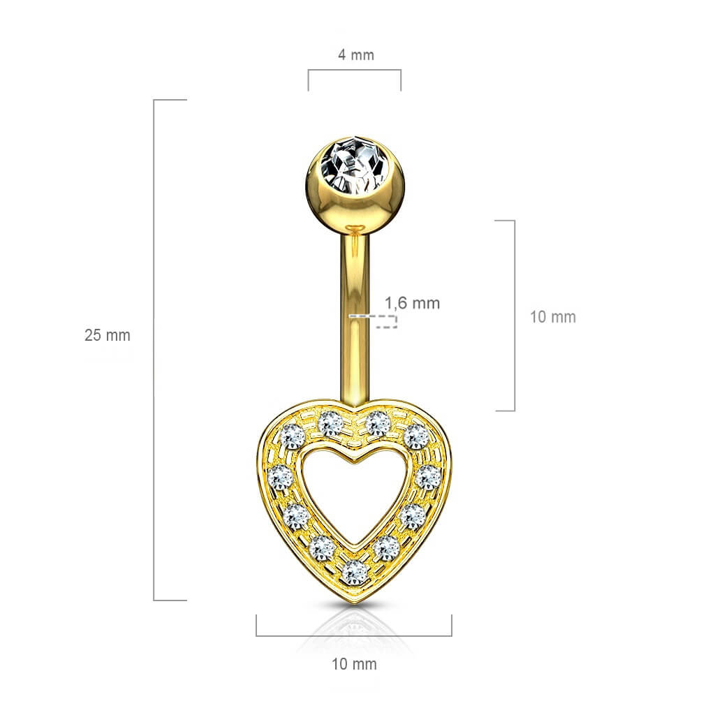 Solid Gold 14 Carat Belly Button Piercing Heart Zirconia