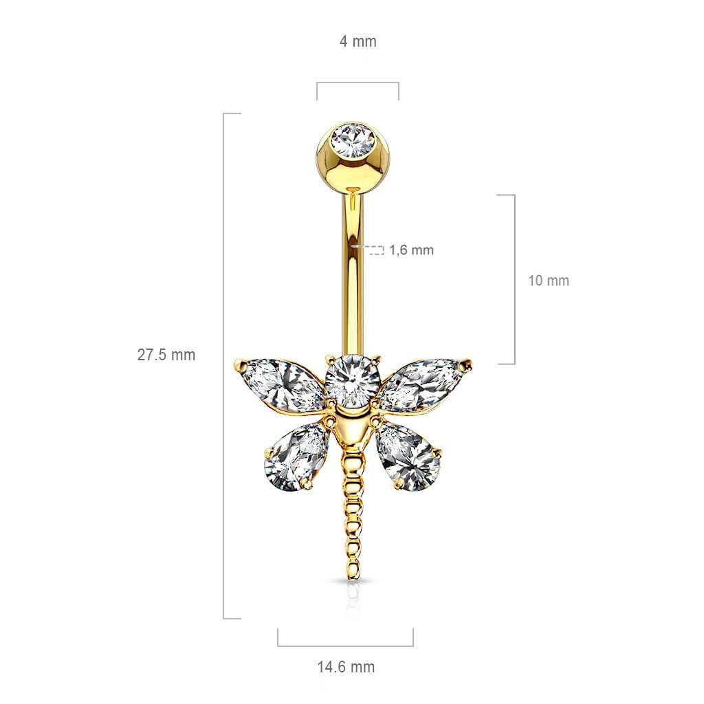 Solid Gold 14 Carat Belly Button Piercing Dragonfly Zirconia