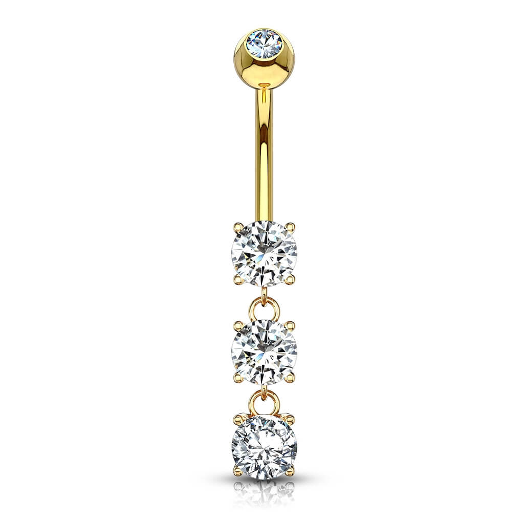 Solid Gold 14 Carat Belly Button Piercing 3 Zirconia dangle