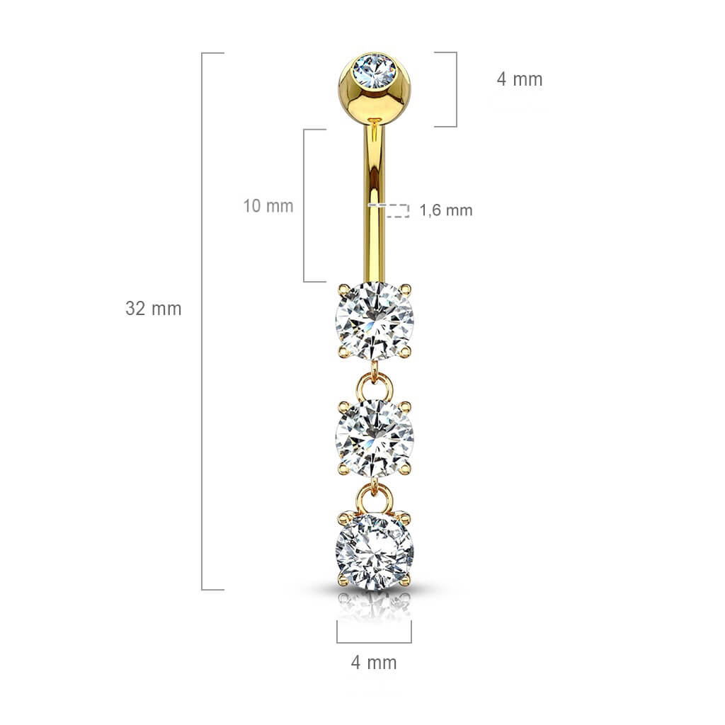 Solid Gold 14 Carat Belly Button Piercing 3 Zirconia dangle