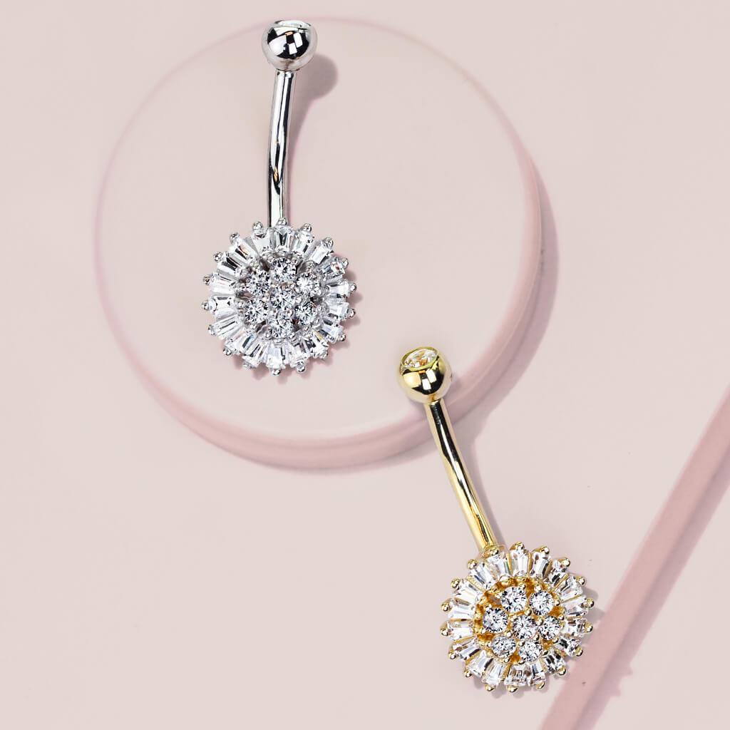 Oro 14 kt Piercing Ombelico Fiore in zirconi