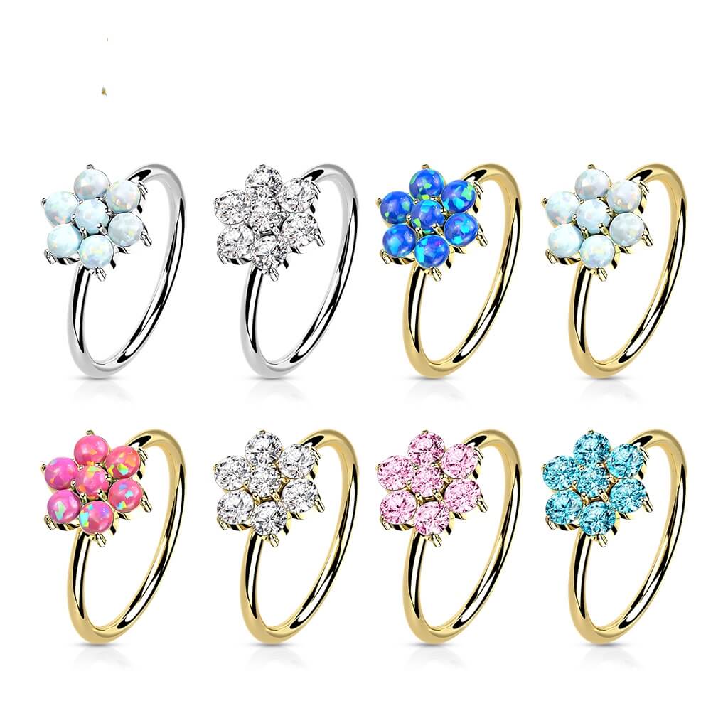 Oro 14 kt Anello Piercing Fiore di Opali Pieghevole
