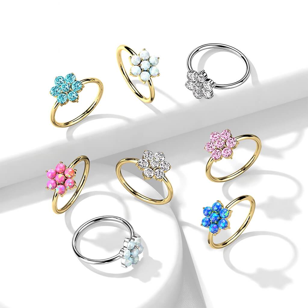 Oro 14 kt Anello Piercing Fiore di Opali Pieghevole