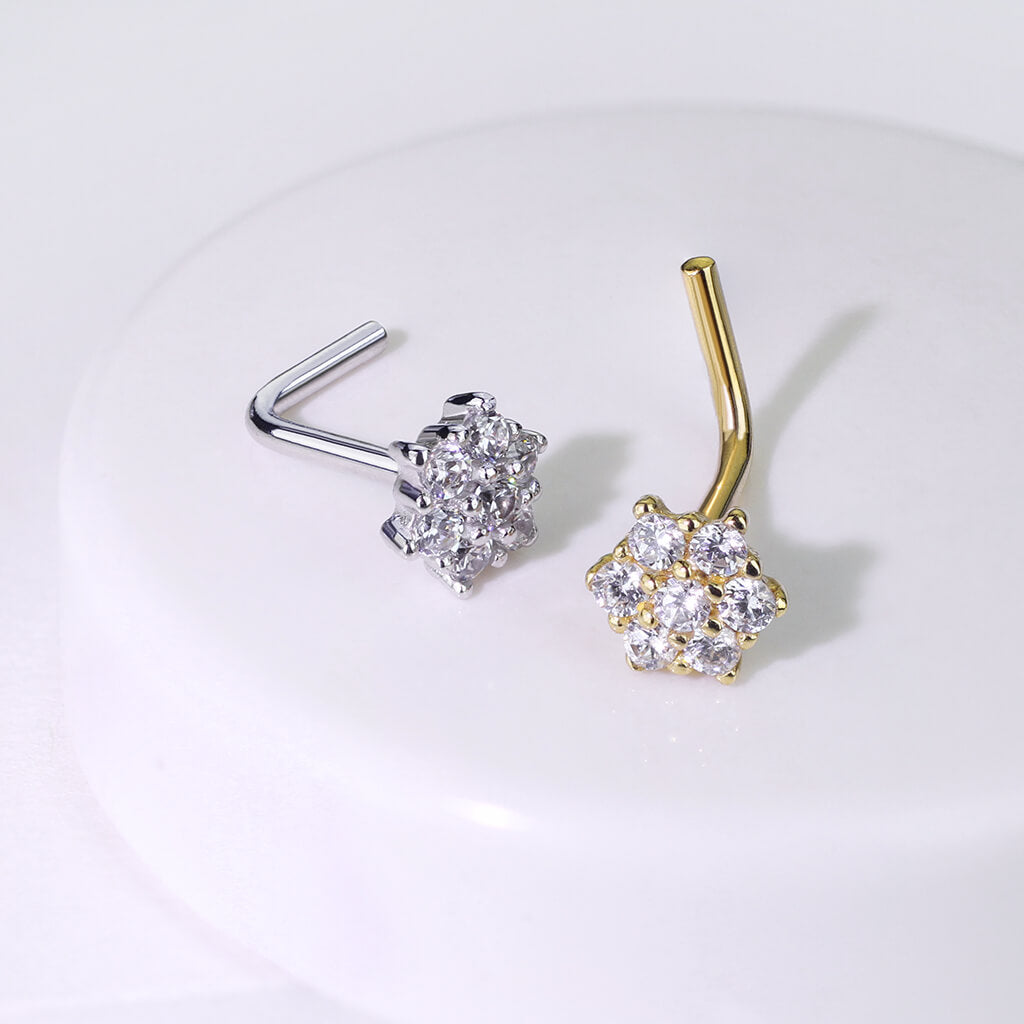 Oro 14kt Nariz en L Circonita Flor