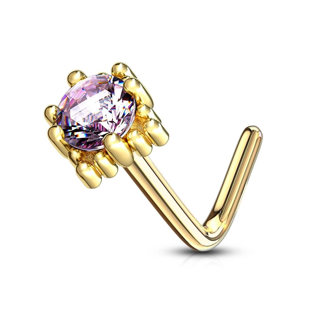 Solid Gold 14 Carat Nose L-Shape Zirconia