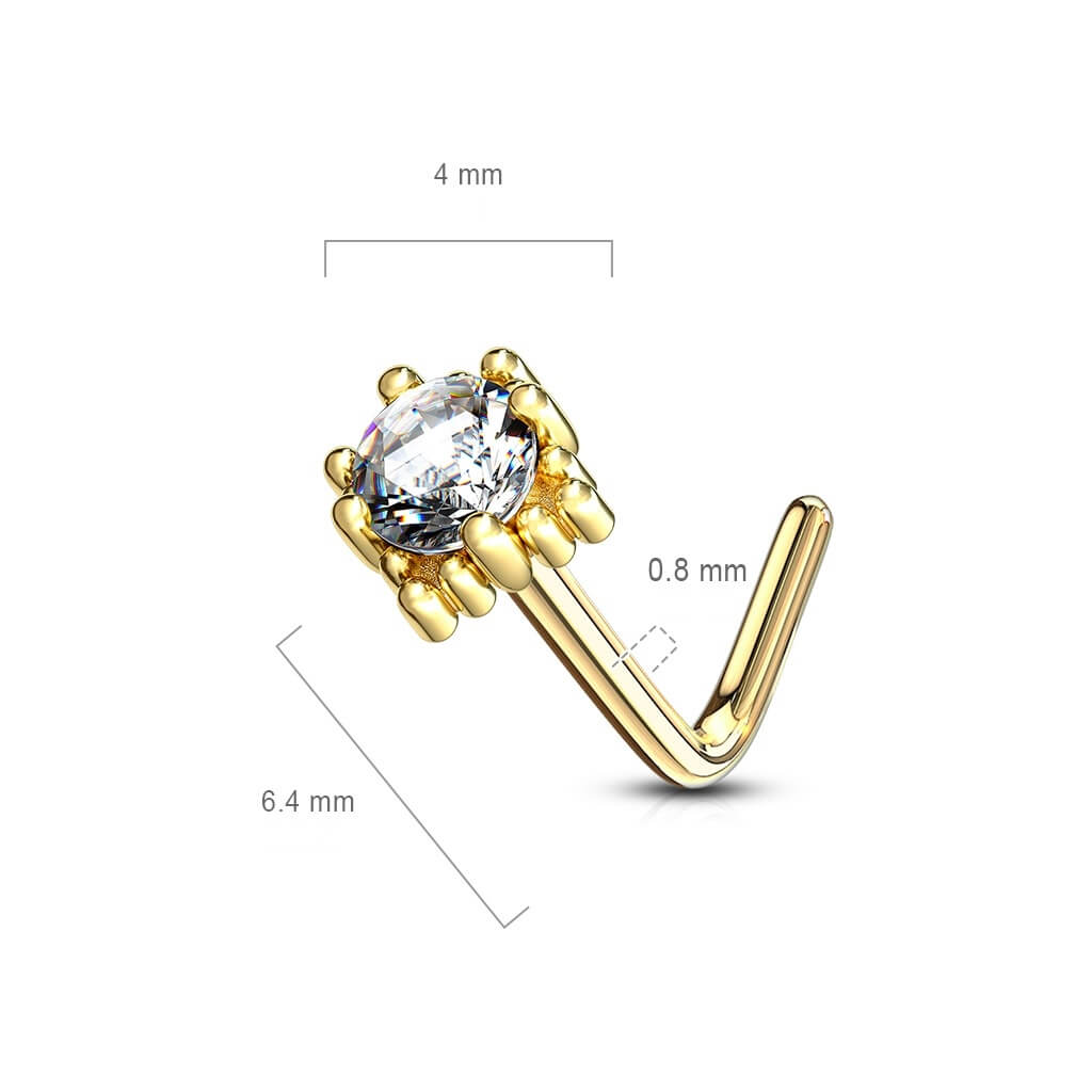 Solid Gold 14 Carat Nose L-Shape Zirconia