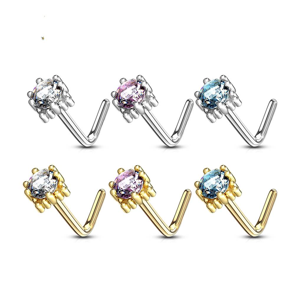 Solid Gold 14 Carat Nose L-Shape Zirconia