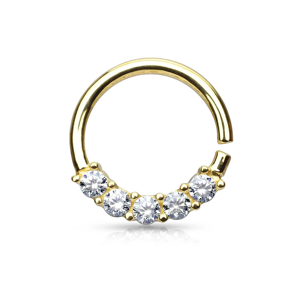 Oro 14 kt Anello Piercing 5 Zirconi Pieghevole