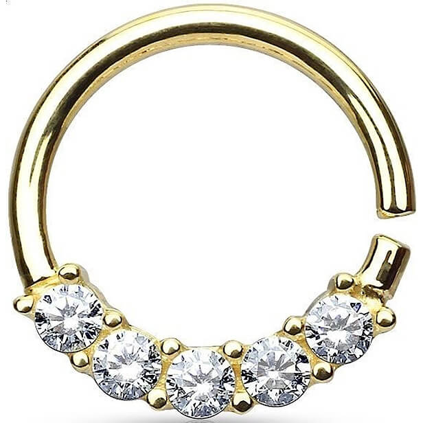 Oro 14 kt Anello Piercing 5 Zirconi Pieghevole