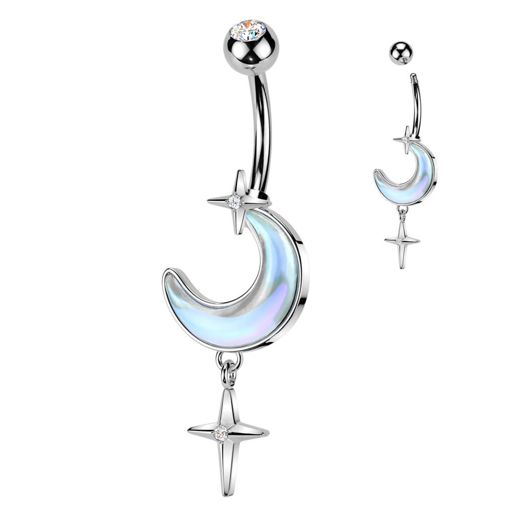 Belly Button Piercing crescent moon cross dangle zirconia