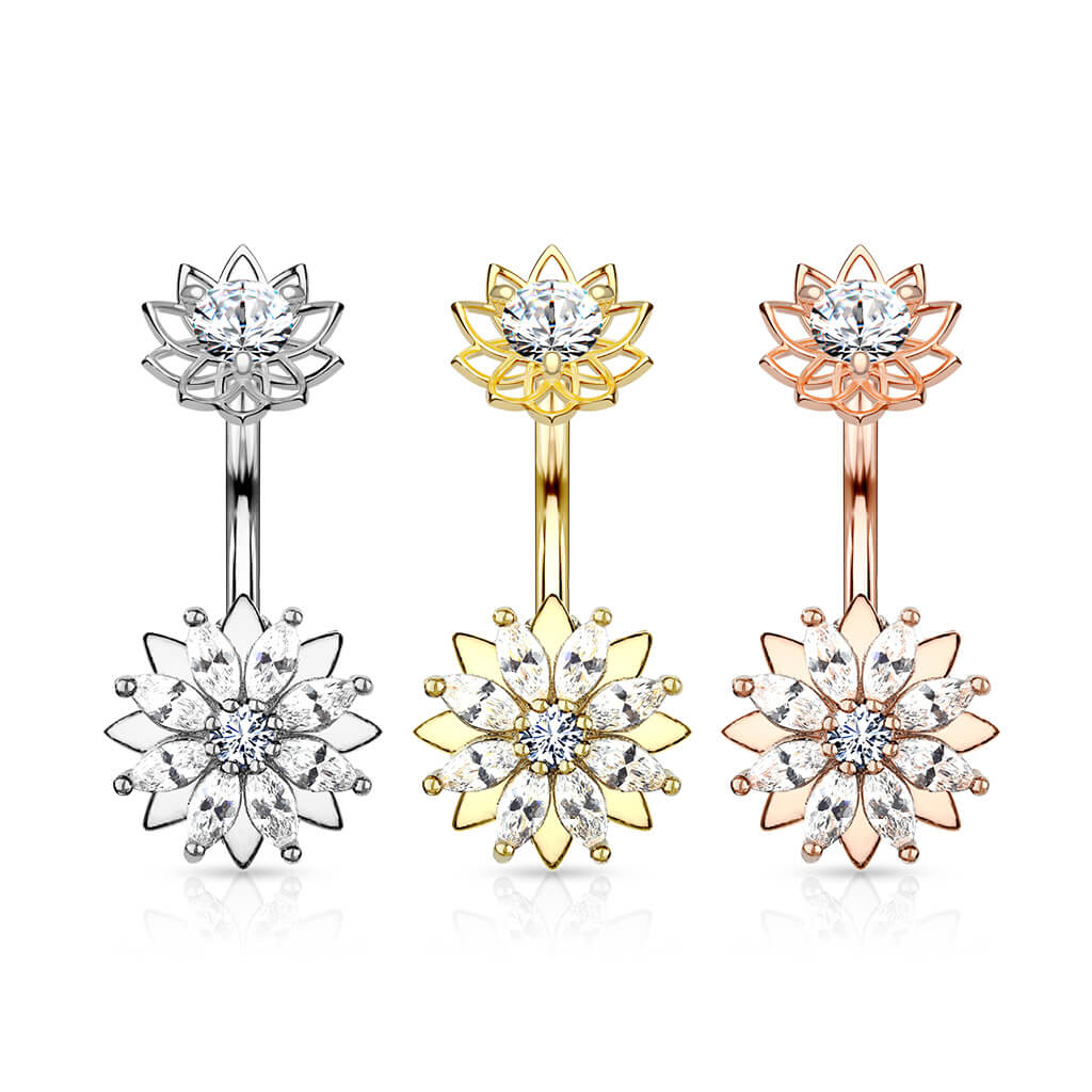 Piercing Nombril Fleur Zircone Filetage Interne