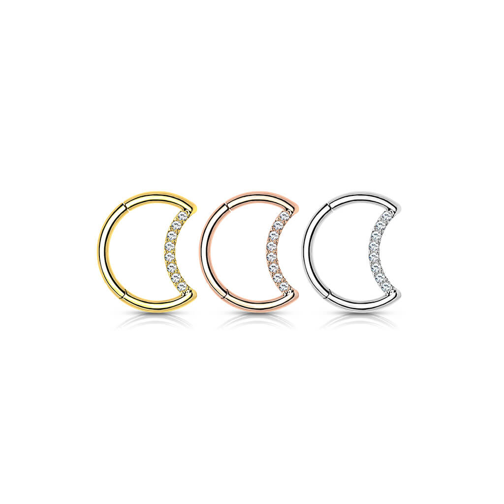 Titanio Anello Piercing Luna di zirconi Clicker