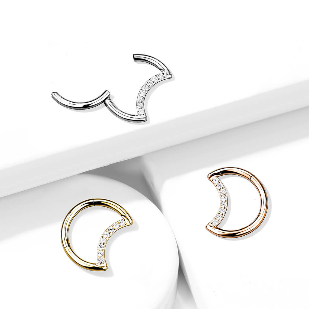 Titanio Anello Piercing Luna di zirconi Clicker