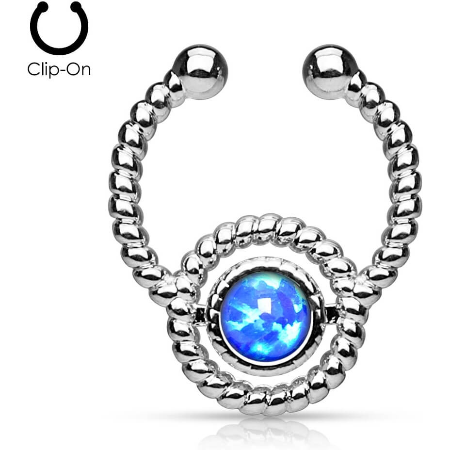 Fake piercing do nosa septum opal okrągły srebrny kolczyk rozginany