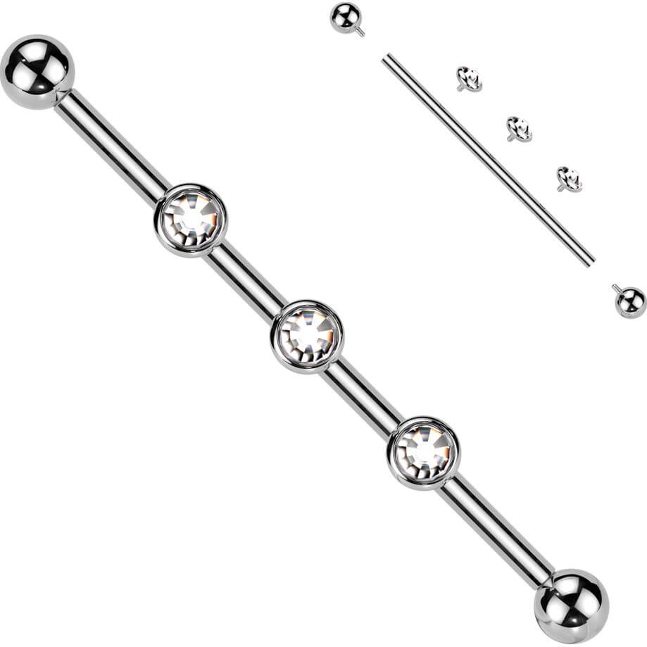 Titanium Industrial Barbell 3 stones zirconia opal bezel setting Internally Threaded