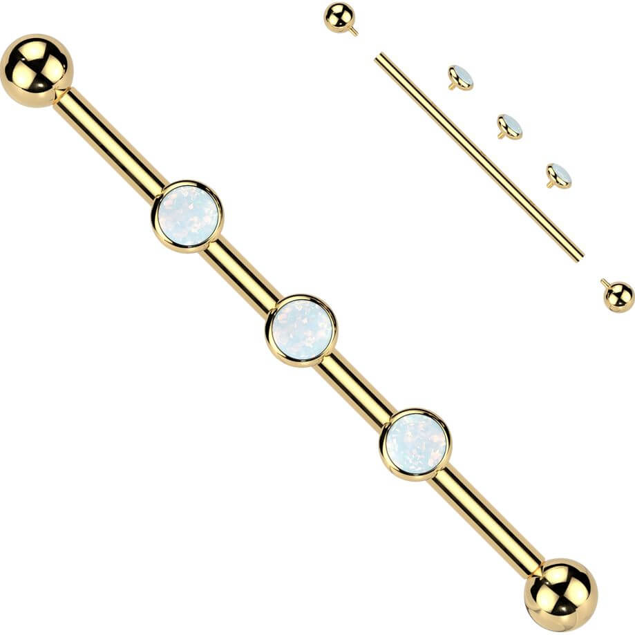 Titanium Industrial Barbell 3 stones zirconia opal bezel setting Internally Threaded