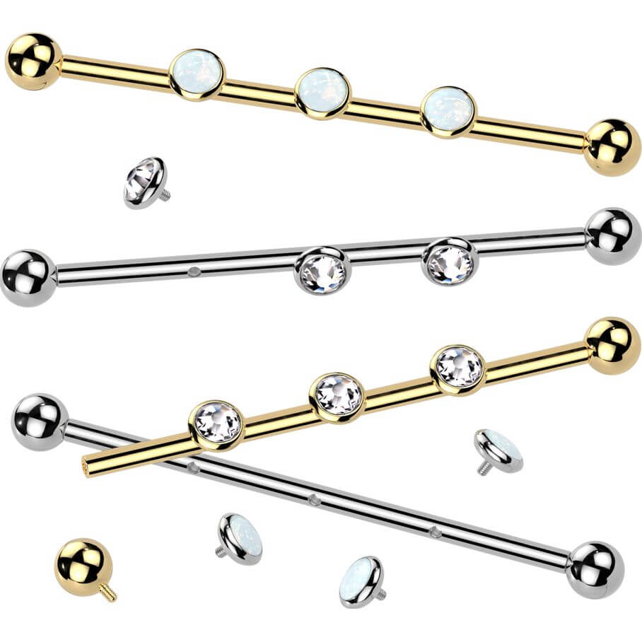 Titanium Industrial Barbell 3 stones zirconia opal bezel setting Internally Threaded