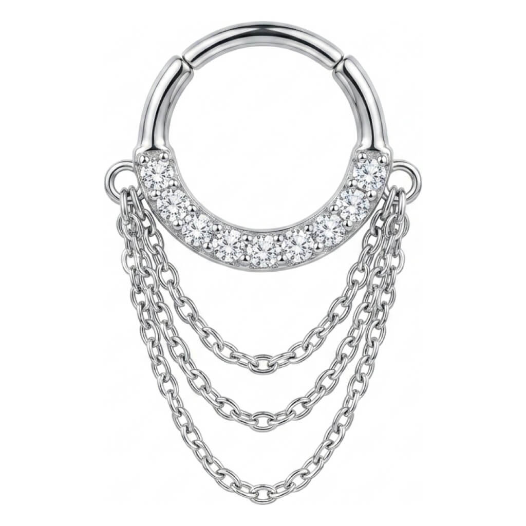 Titanium Ring Triple Chain Dangle Zirconia Clicker