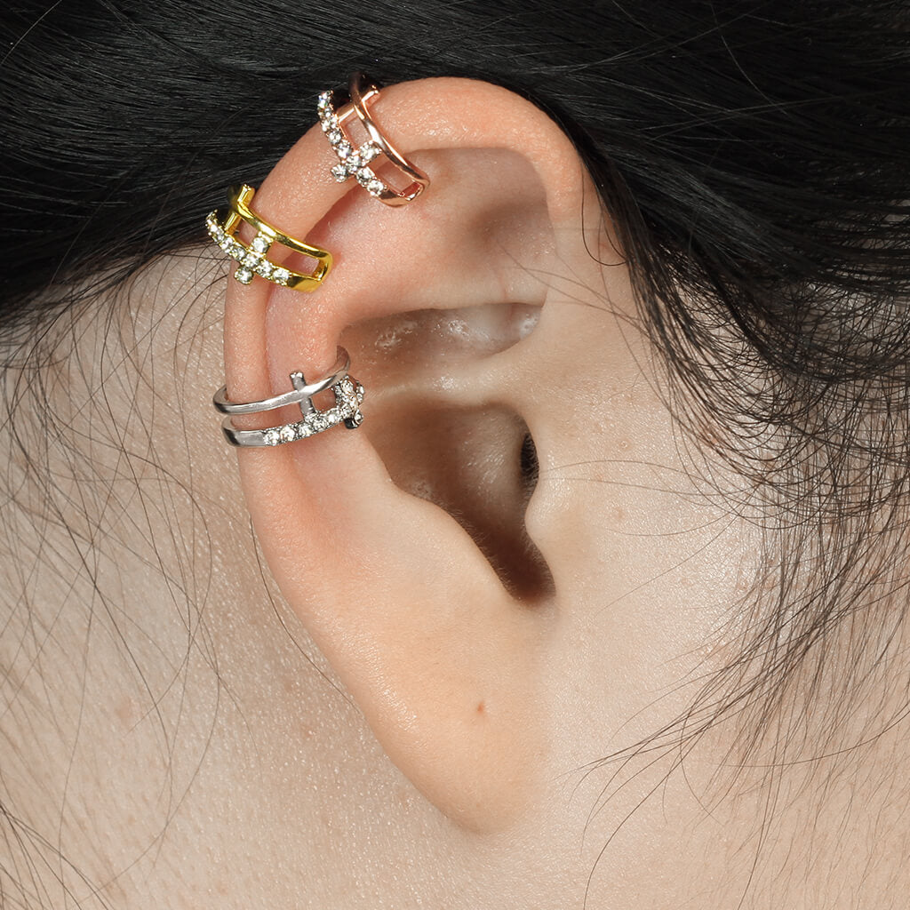 Earcuff Ear cuff doppia croce di zirconi Pieghevole