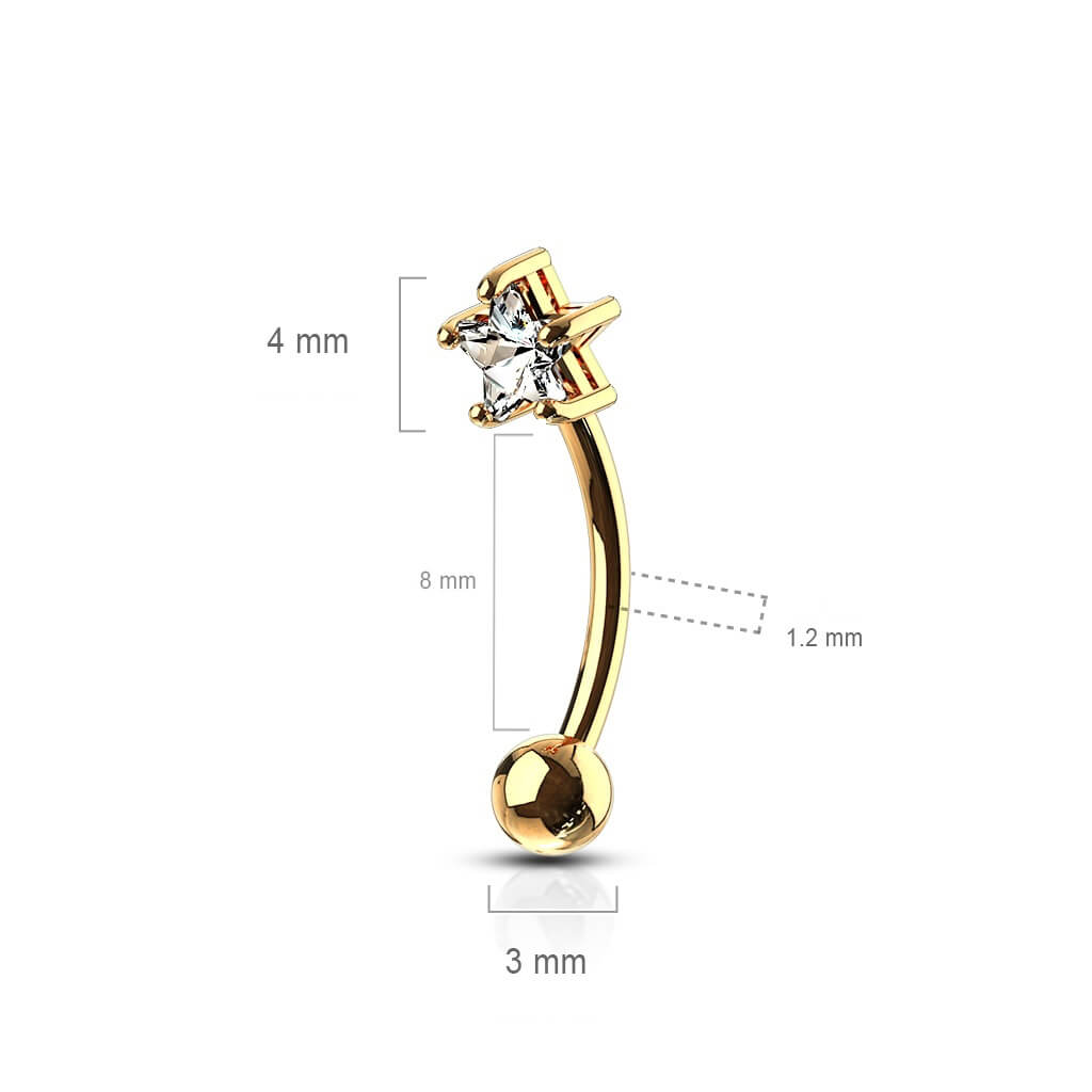 Solid Gold 14 Carat Eyebrow Piercing Star Zirconia