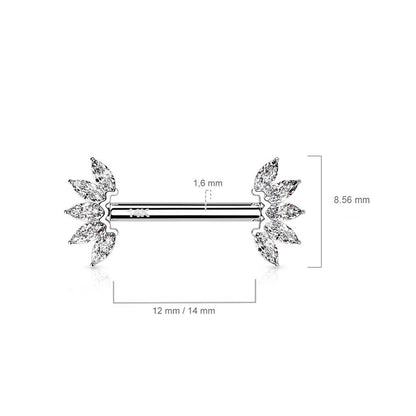 Solid Gold 14 Carat Nipple Piercing 5 Marquise Zirconia Push-In