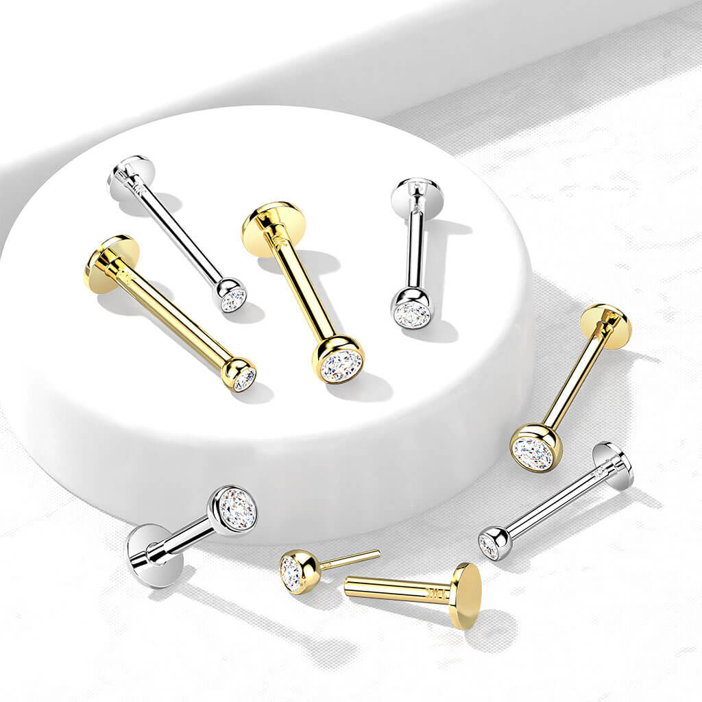 Solid Gold 14 Carat Labret Ball Flat Zirconia Push-In