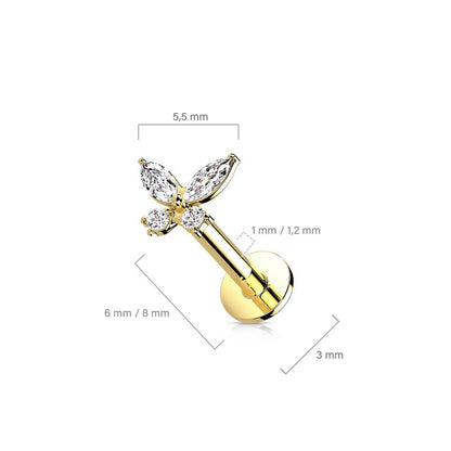 14 Karat Gold Labret Schmetterling Zirkonia Gelbgold Weißgold Push-In