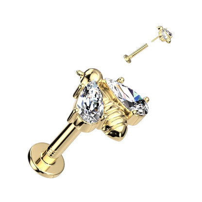 Solid Gold 14 Carat Labret Bee Zirconia Push-In