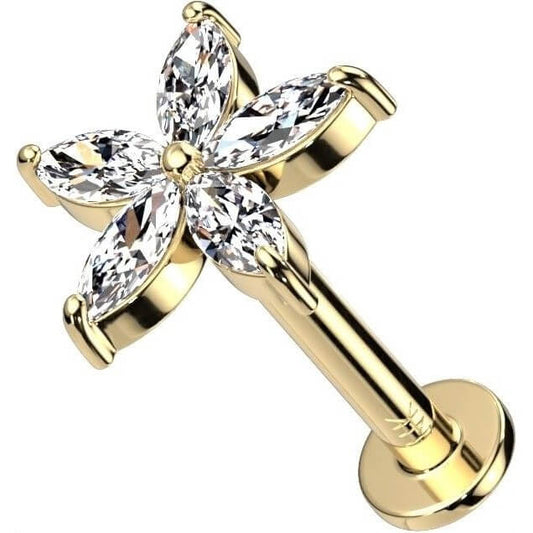 Solid Gold 14 Carat Labret Flower Zirconia Push-In