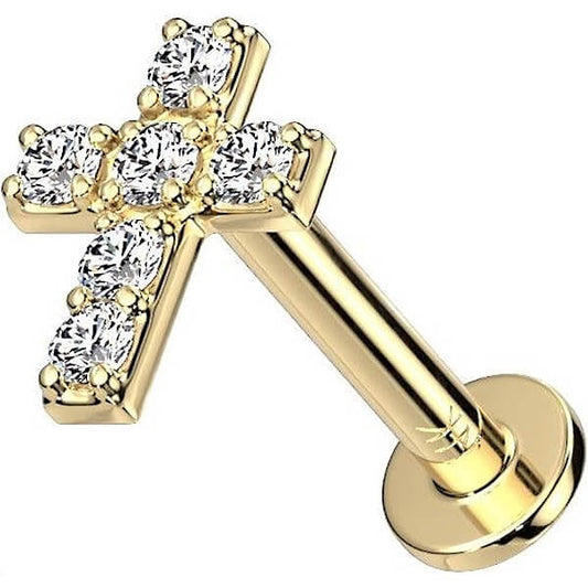 14 Karat Gold Labret Kreuz Zirkonia Gelbgold Weißgold Push-In