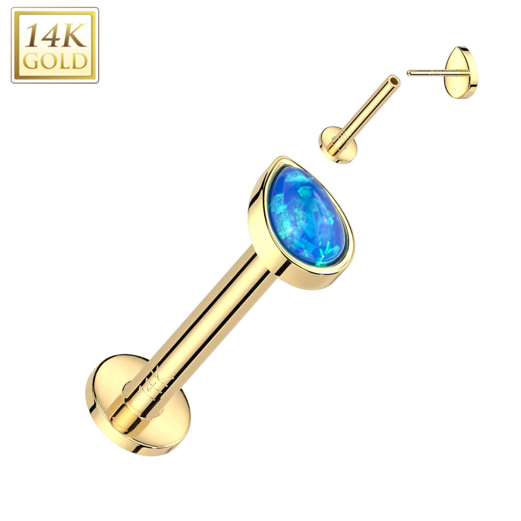 Złoto 585 labret kropla opal push-in