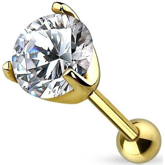 Solid Gold 14 Carat Barbell Zirconia