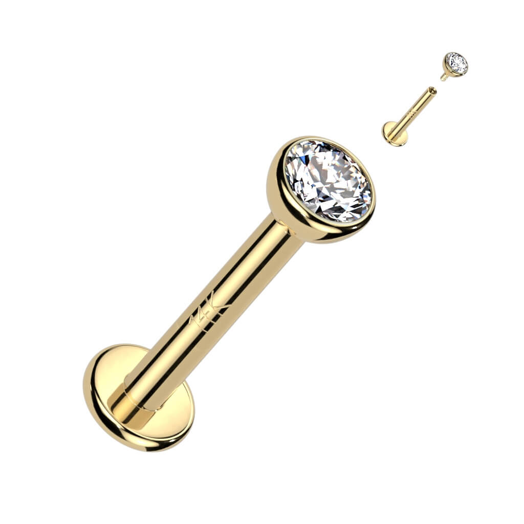 Oro 14 kt Labret Tondo piatto con zircone Filettatura Interna