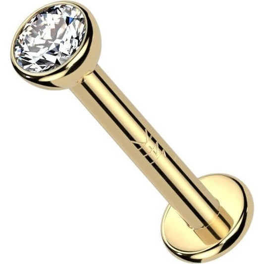 Or 14kt Labret Zircone Ronde Et Plate Filetage Interne