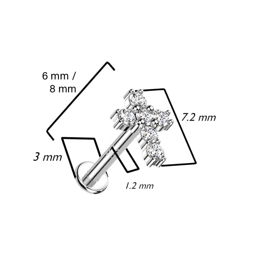 Oro 14kt Cruz de Circonita Rosca interna Labret