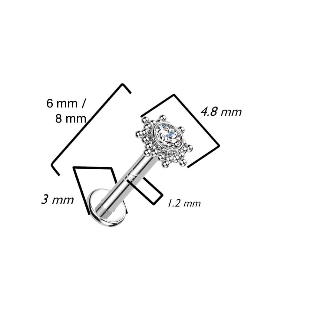 Złoto 585 labret kwiatek cyrkonia opal gwint wewnętrzny