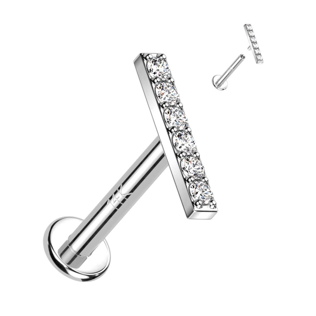 Or 14kt Labret Barre Zircone Filetage Interne