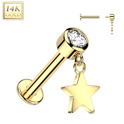 Oro 14kt Circonita con Estrella colgante Rosca interna Labret