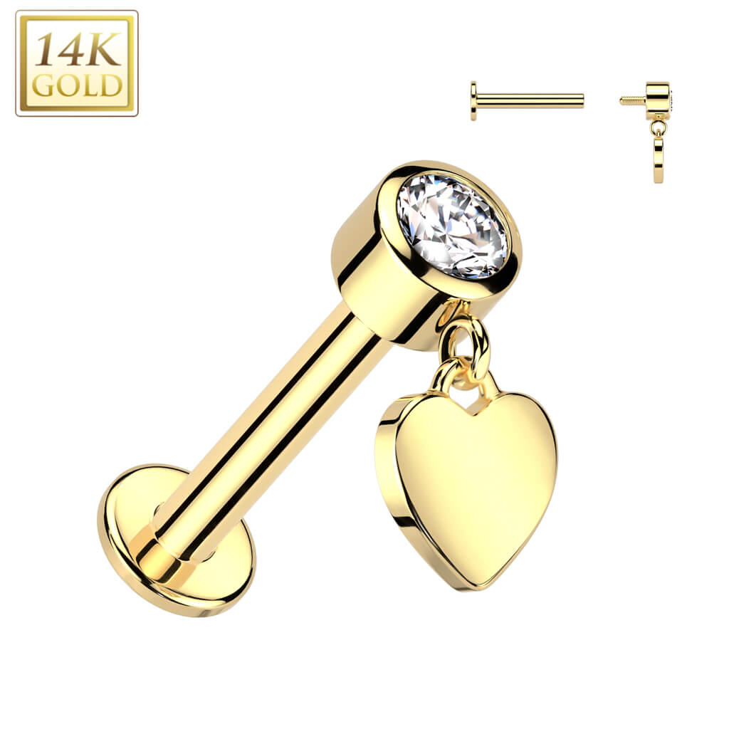 Oro 14 kt Labret Zircone con Cuore Pendente Filettatura Interna